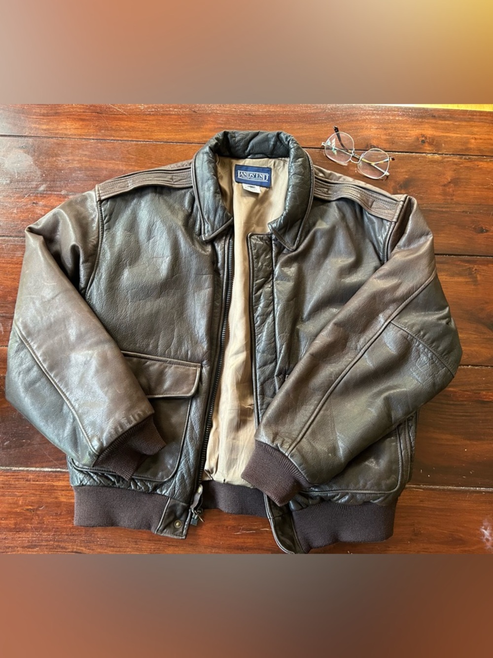 Vintage Lands' End Men's Brown Leather Bomber Jacket - Picture 2 of 10